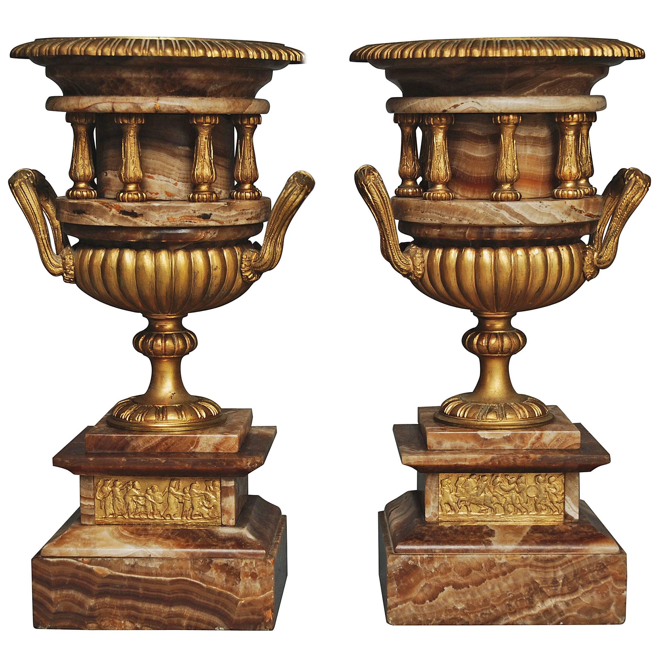 Pair of 19th Century Classical Style French Fine Quality Onyx Urns