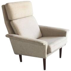 1970s Danish Mid-Century High Back Lounge Chair with Original Oatmeal Wool