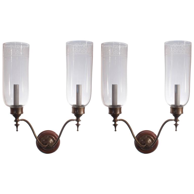 Pair of Double Arm Glass Hurricane Shade Wall Sconces For Sale at 1stdibs