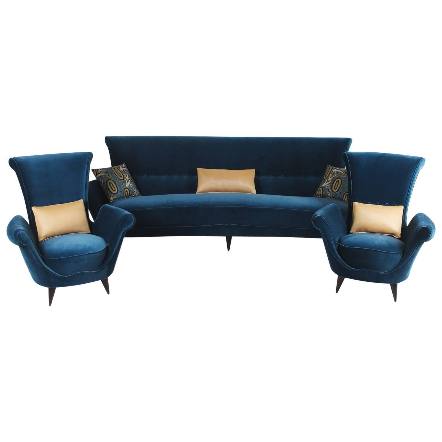 Set of Sofa and Armchairs in Blue Velvet, 1950 For Sale