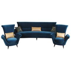 Set of Sofa and Armchairs in Blue Velvet, 1950