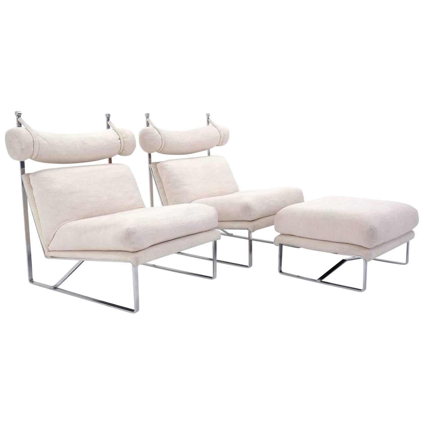 Unusual Suite of Luxurious Mid-Century Modern Club Chairs with Matching Ottoman