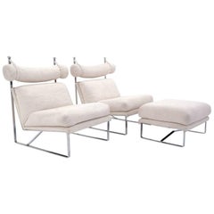 Vintage Unusual Suite of Luxurious Mid-Century Modern Club Chairs with Matching Ottoman