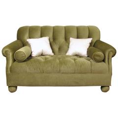 Modern Button Tufted Loveseat in Apple Green Velour, Newly Upholstered Modern Button Tufted Loveseat in Apple Green Velour, Newly Upholstered
