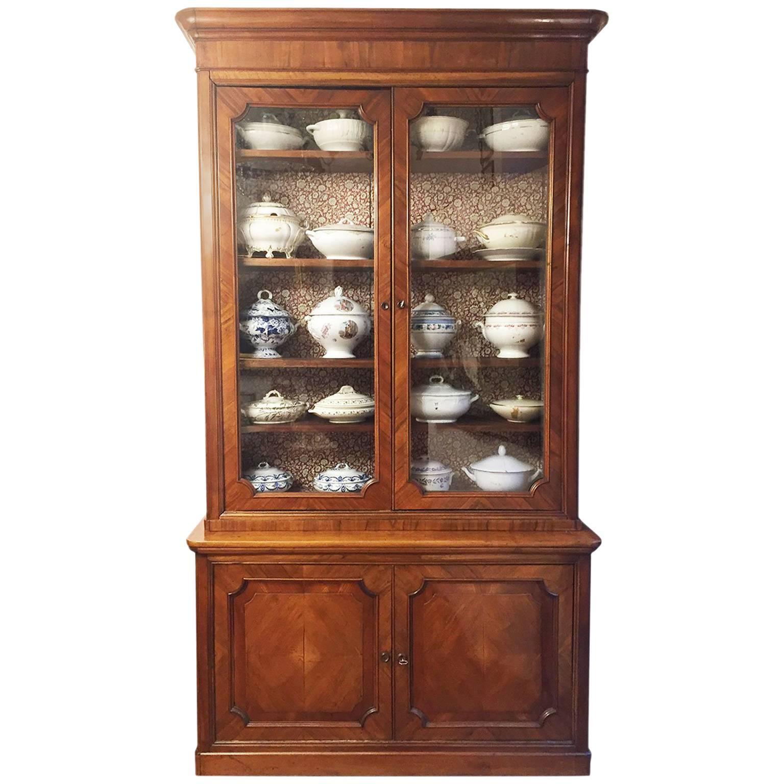 Mid-19th Century Walnut Bookcase, Italian Two-Part Cabinet