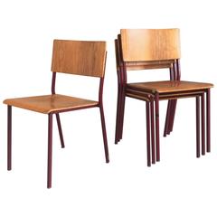 Set of Four 1970s Danish Mid-Century Beech and Red Painted Metal Stacking Chair