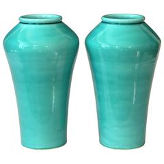 Antique Pair of Slender Awaji Pottery Ginger Jar Turquoise Glaze Garniture Vases