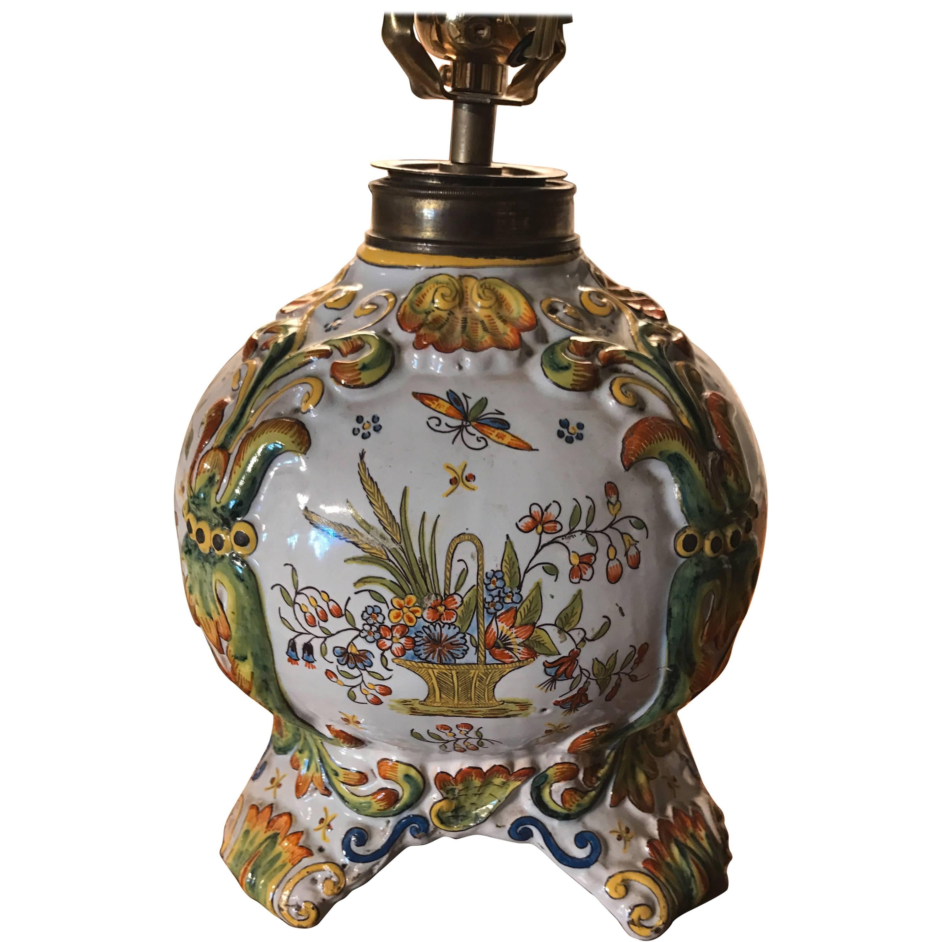 French Glazed Faience Rouen Lamp by Fourmaintraux Freres