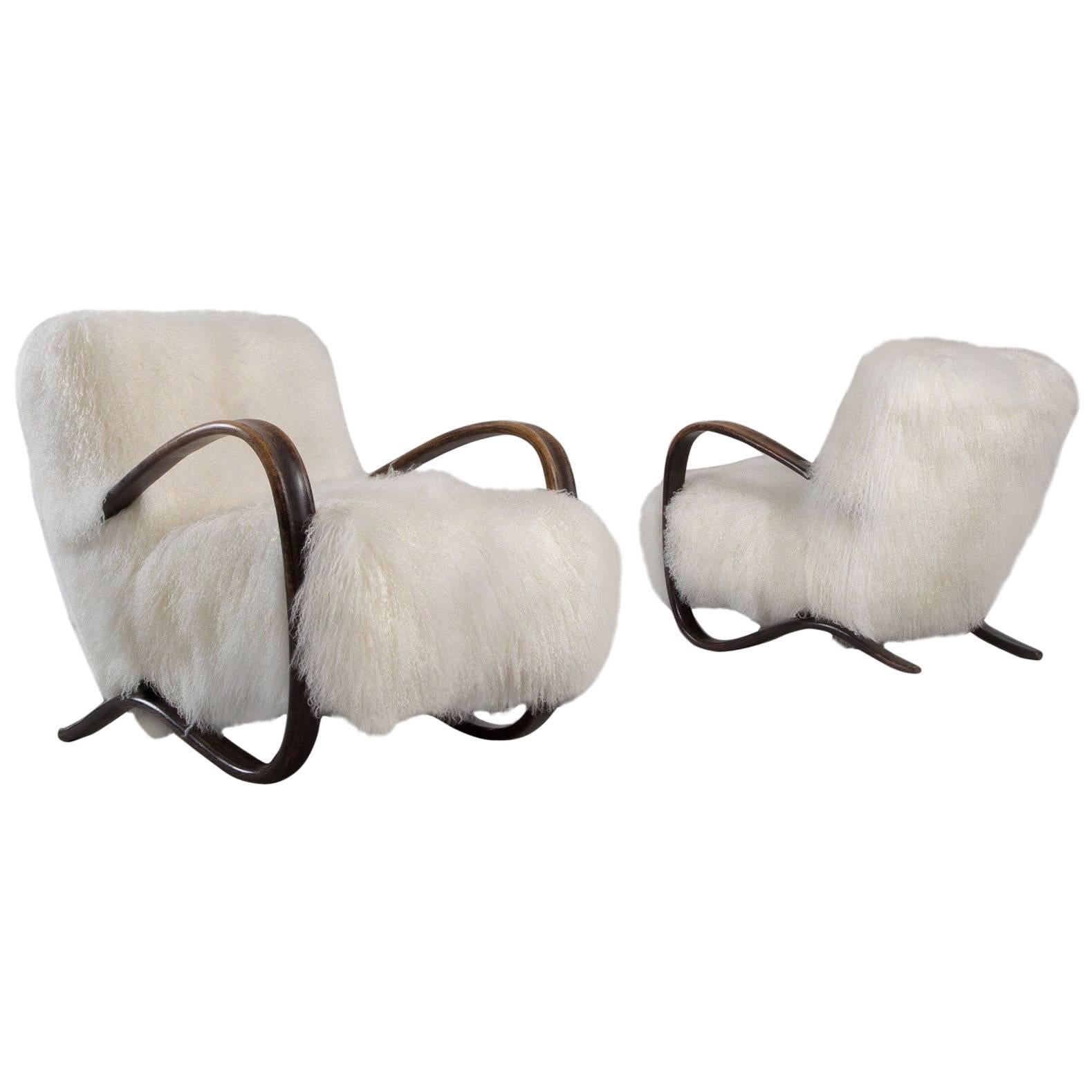 Jindrich Halabala Lounge Chairs with Tibetan Lambswool