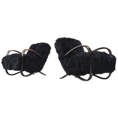 Jindrich Halabala Lounge Chairs in Black Tibetan Lambswool