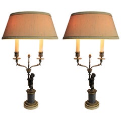 Pair of French Bronze, Marble and Ormolu Lamps with Figural Satyr and Cherub