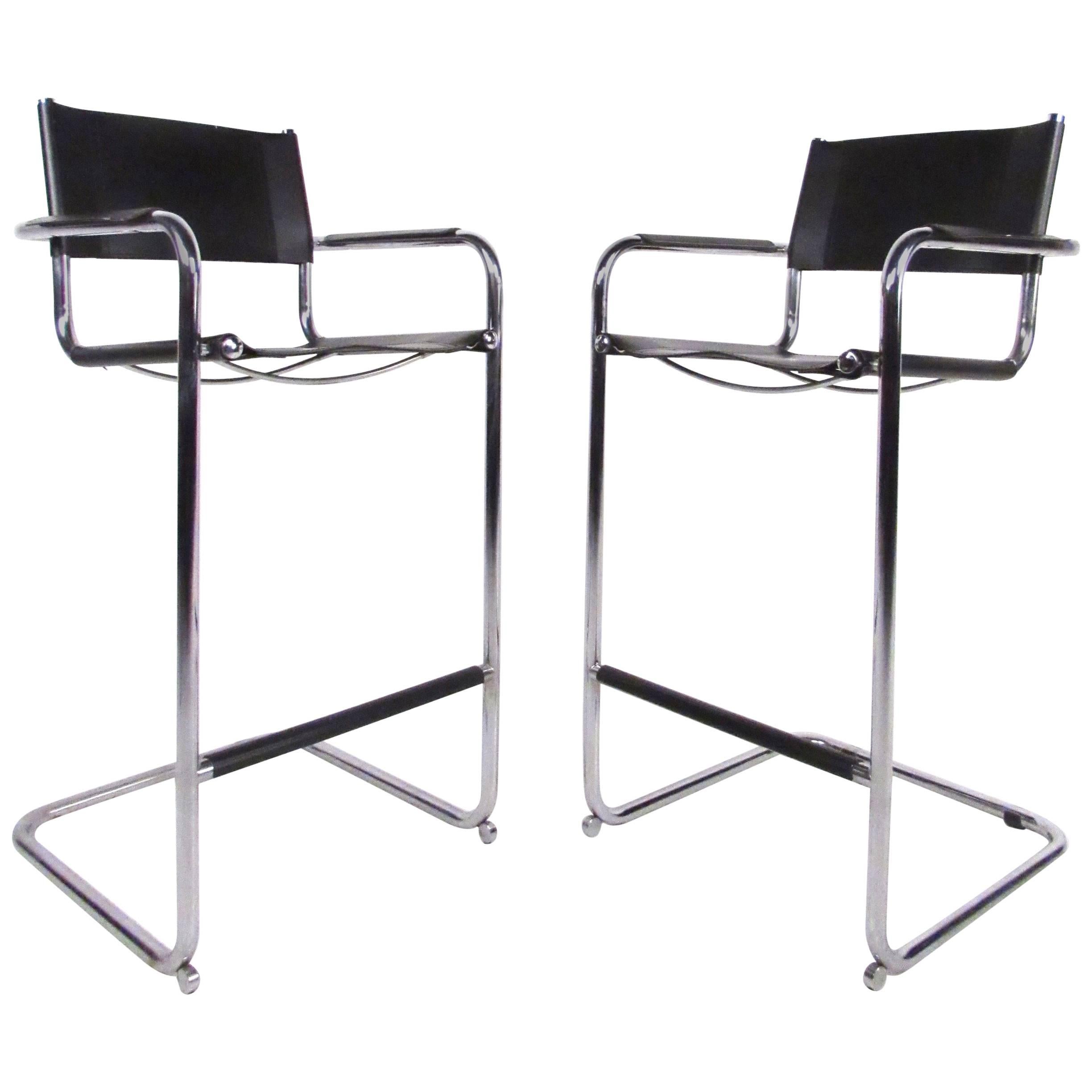 Pair of Mid-Century Style Chrome and Leather Cantilever Bar Stools