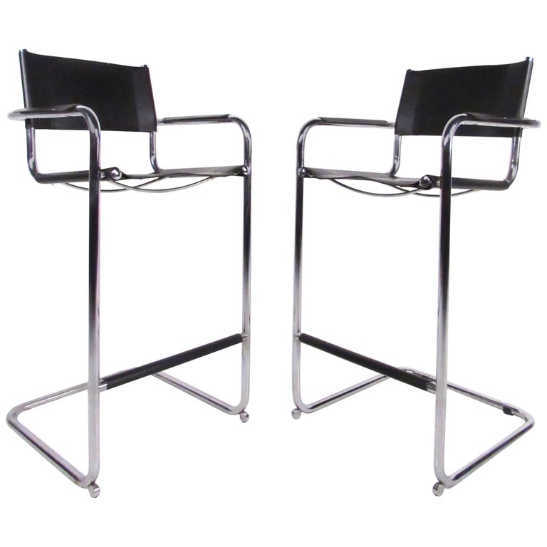 Pair of MidCentury Style Chrome and Leather Cantilever Bar Stools For