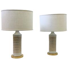 Vintage Pair of Italian Ceramic and Brass Table Lamps by Guido Bitossi