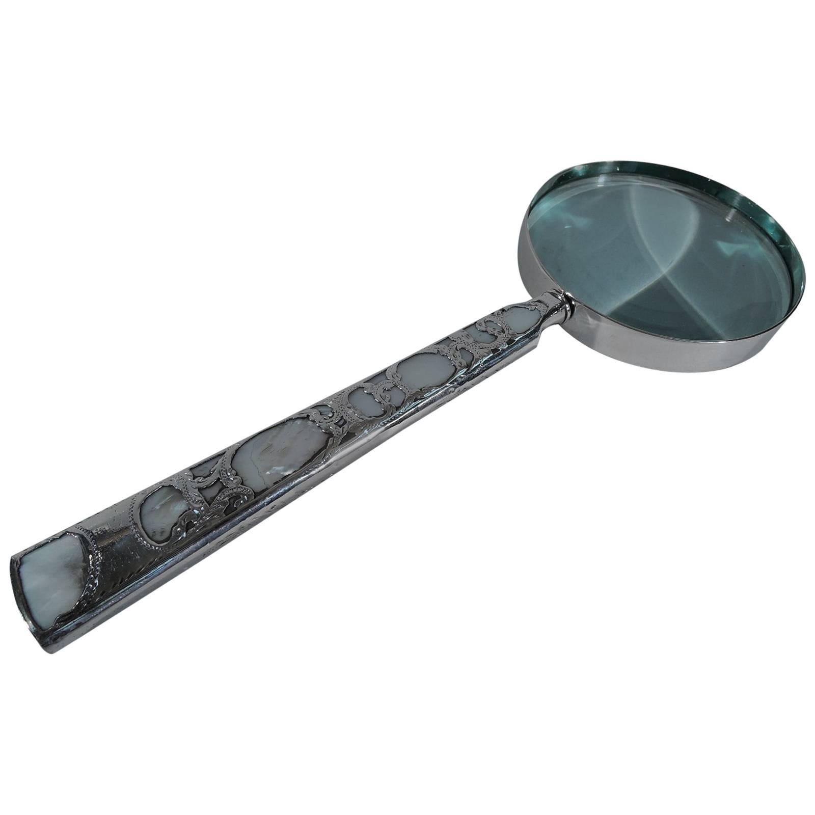 Antique American Mother-of-Pearl and Silver Overlay Magnifying Glass