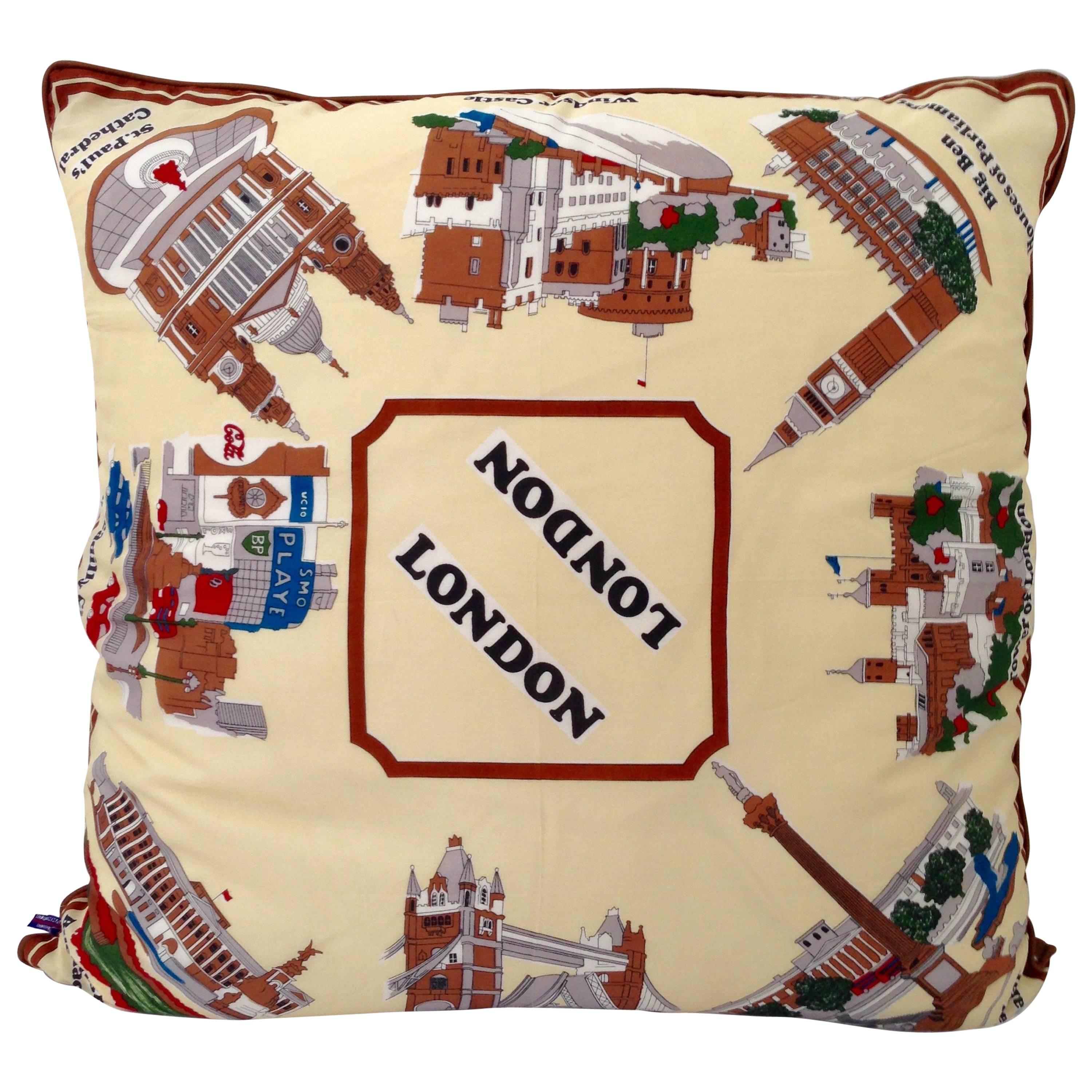 1960'S  Custom 100% Silk London souvenir silk scarf large decorative pillow. Features a new faux silk blend back panel with self welt. Hidden zipper for easy care removal.Includes, new 80/20 feather/down insert. Vintage silk scarf depicts London