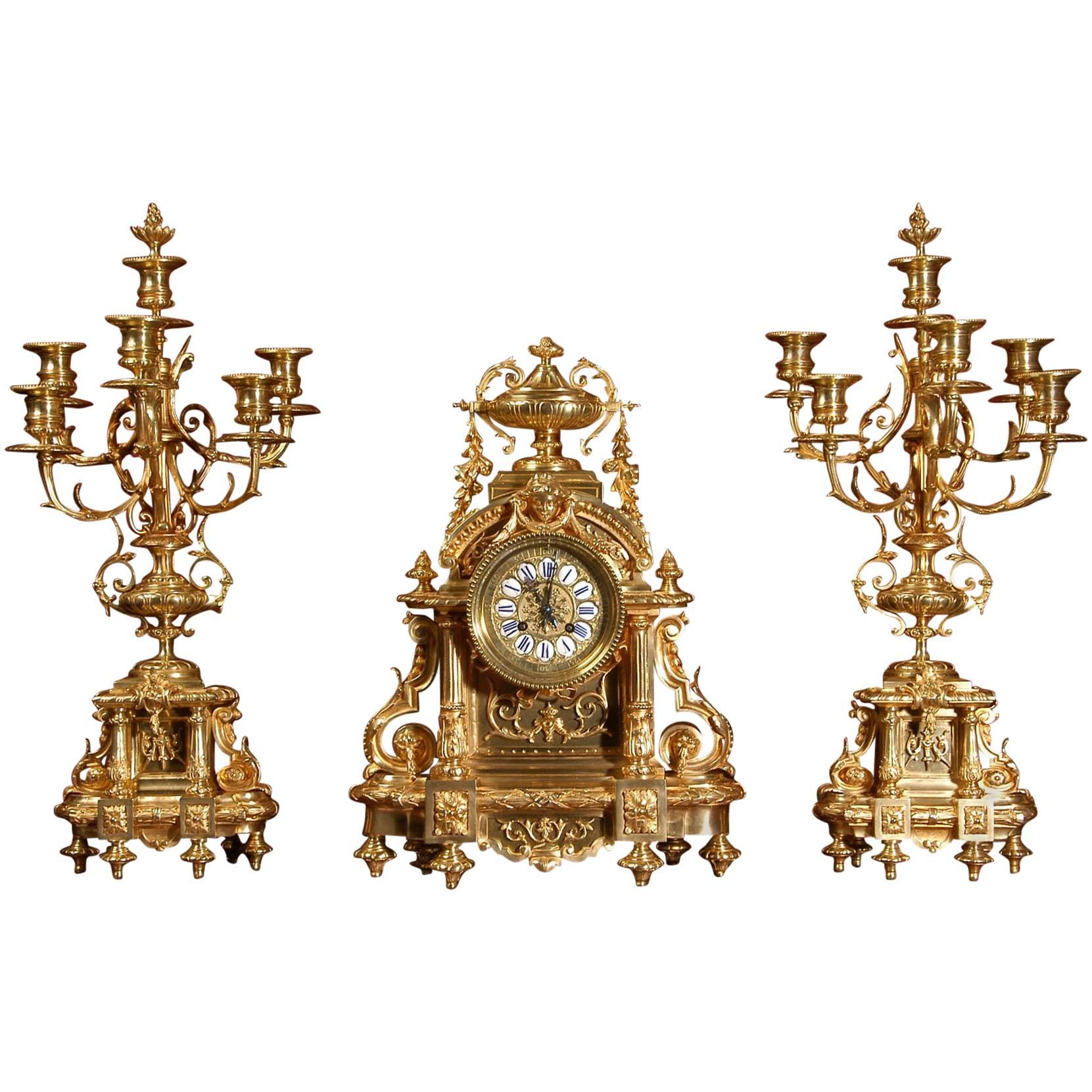 Superb Japy Freres Large Antique French Bronze Clock Set
