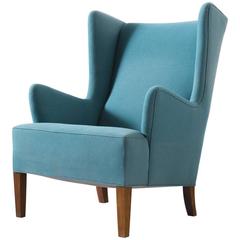 Danish Lounge Chair in Blue Fabric
