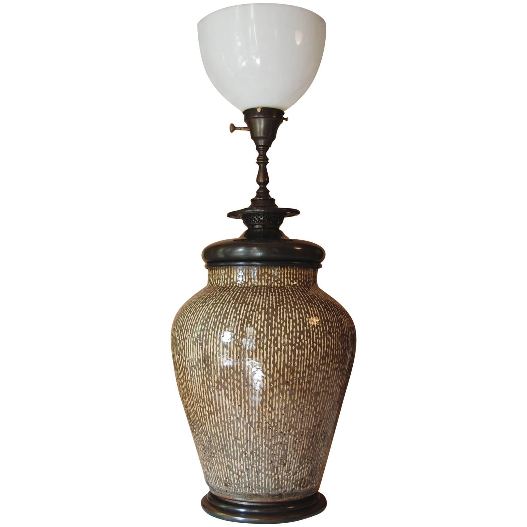 Large Asian Urn Wired as a Lamp with Bronze Base and Mounts, circa 1900 For Sale