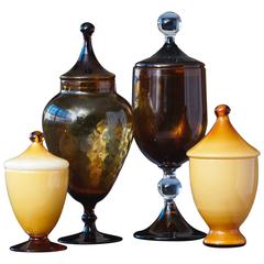 Retro Set of Four Italian Lidded Glass Vessels in Caramel and Amber Tones, circa 1950