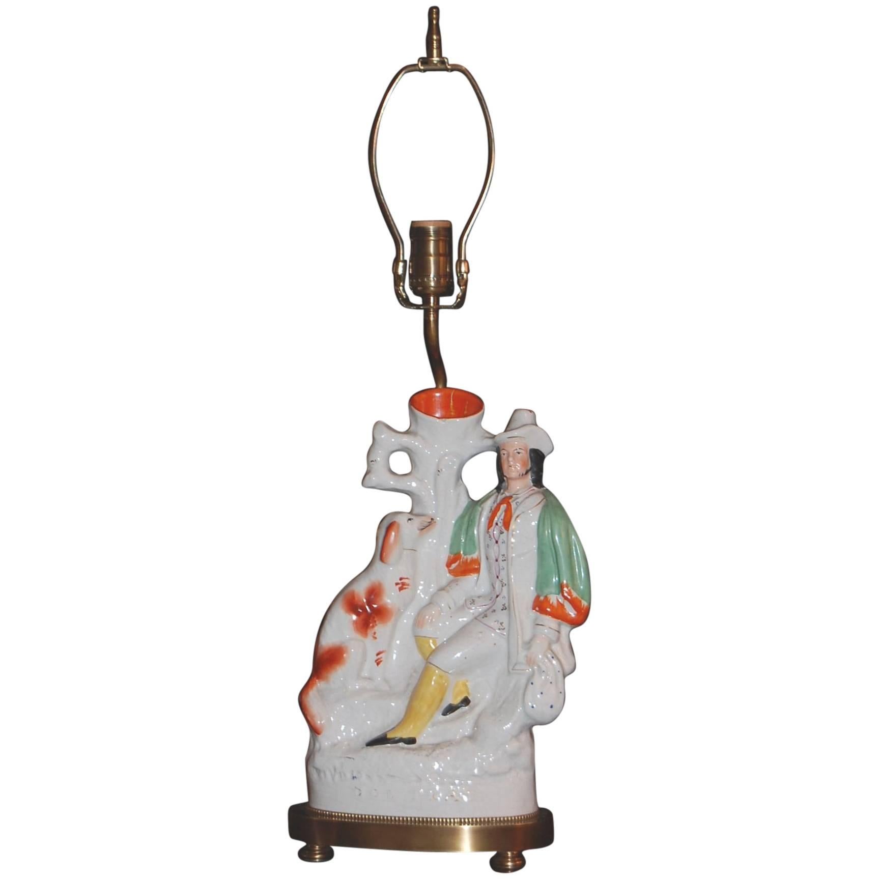 19th Century Staffordshire Spill Vase, Gentleman and His Dog, Mounted as a Lamp For Sale