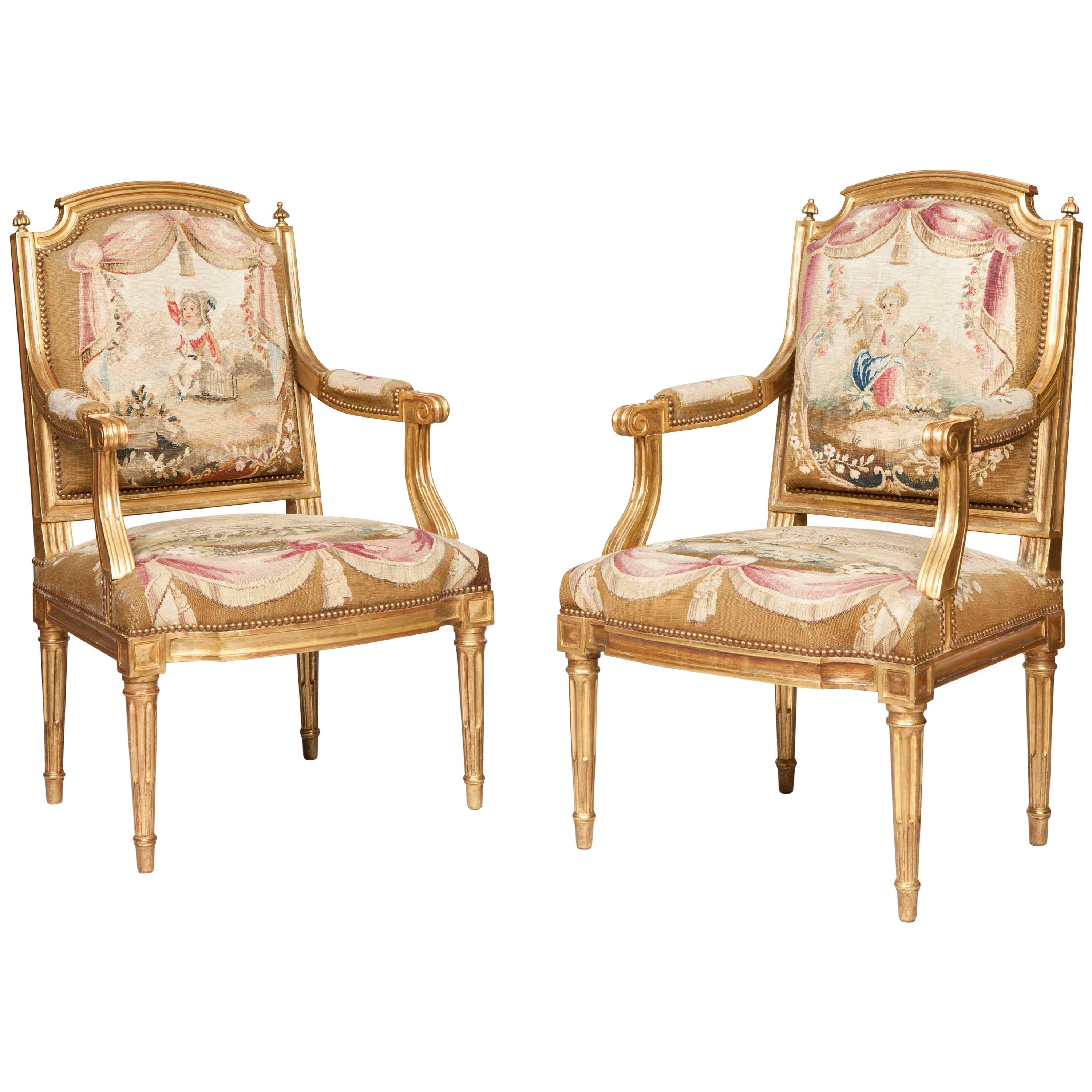 Pair of Louis XVI Period Giltwood and Tapestry Armchairs