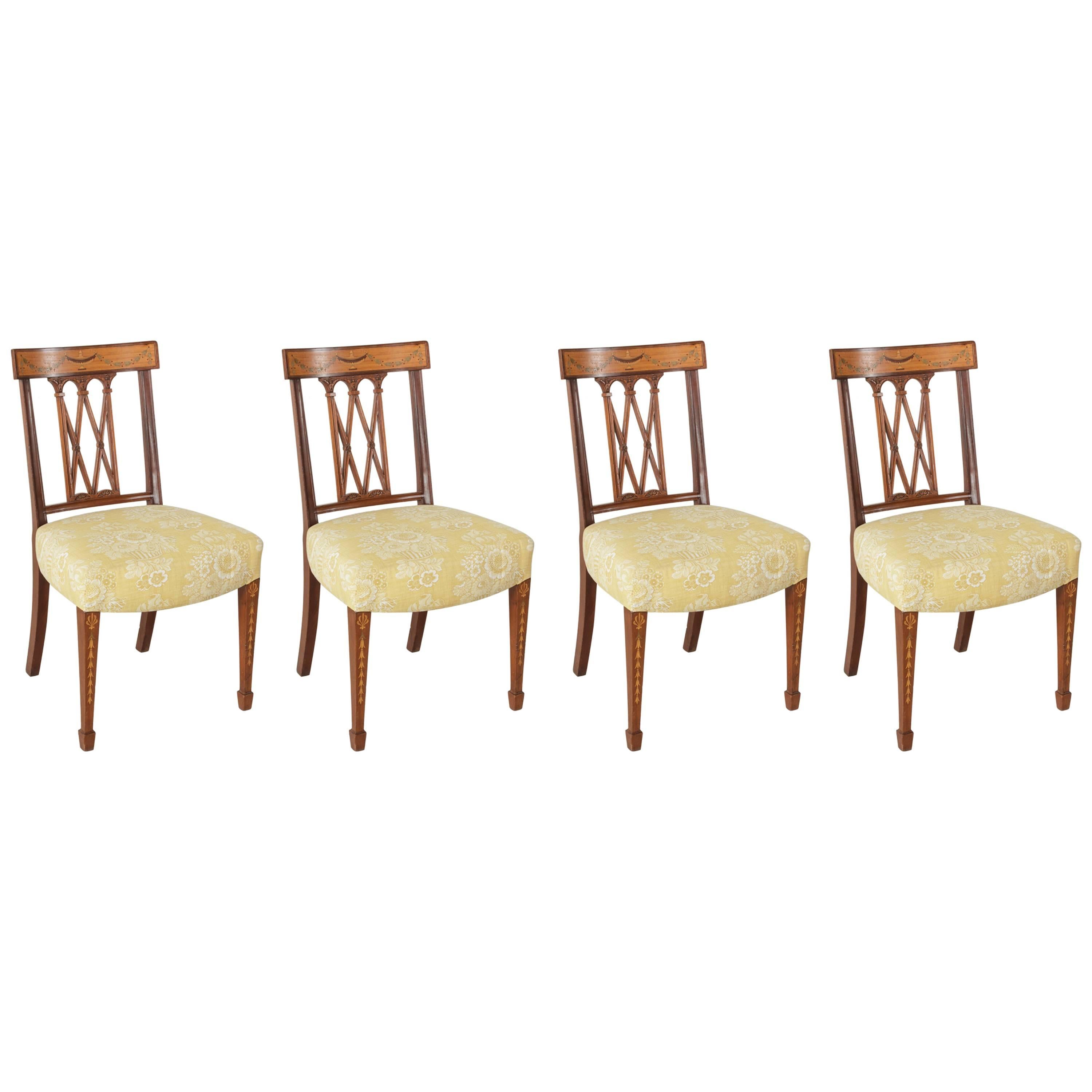 Set of Four 19th Century Italian Marquetry Walnut Side Chairs Dining Chairs