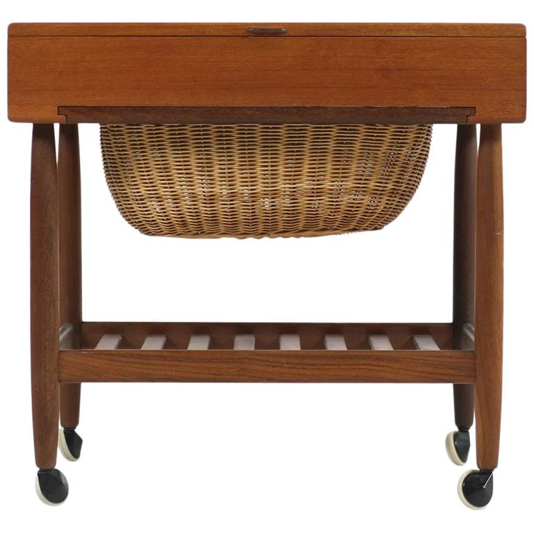 1950s Danish Modern Sewing Teak Table Cabinet Wicker With Basket