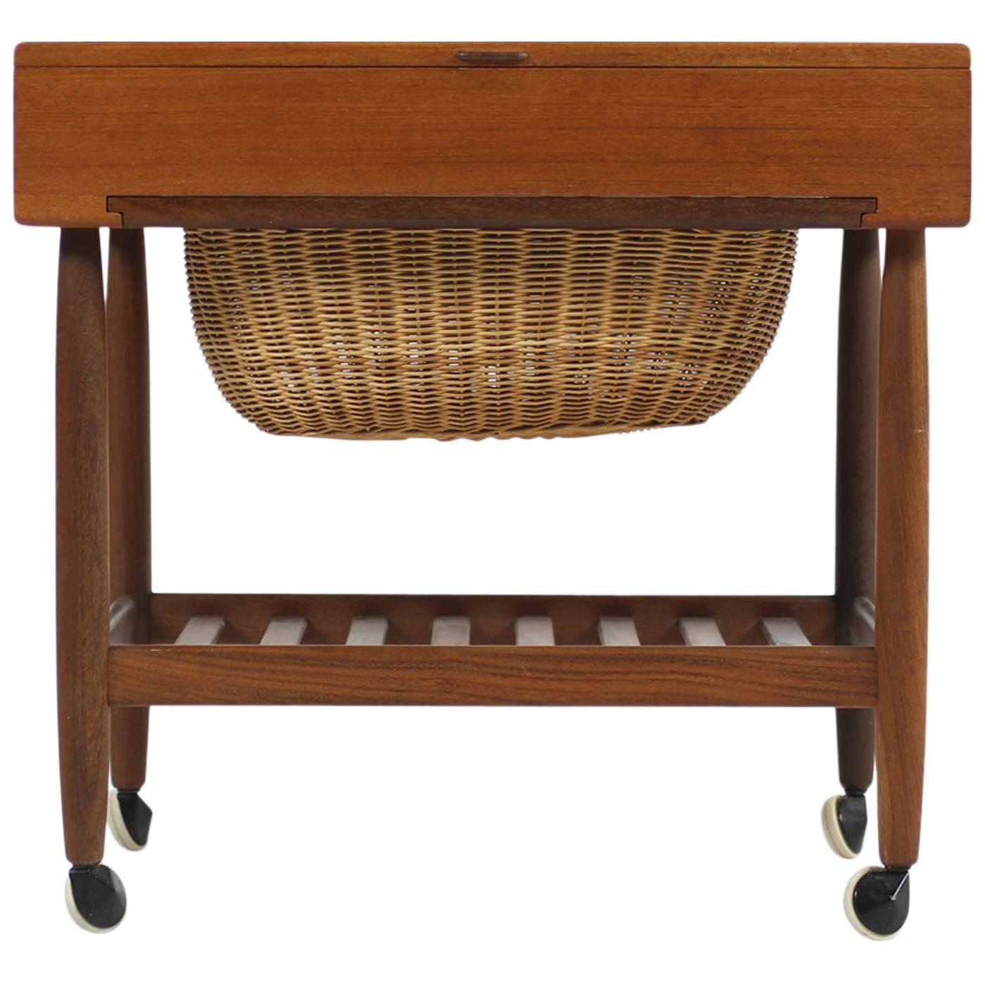 1950s Danish Modern Sewing Teak Table Cabinet Wicker with Basket Mid-Century