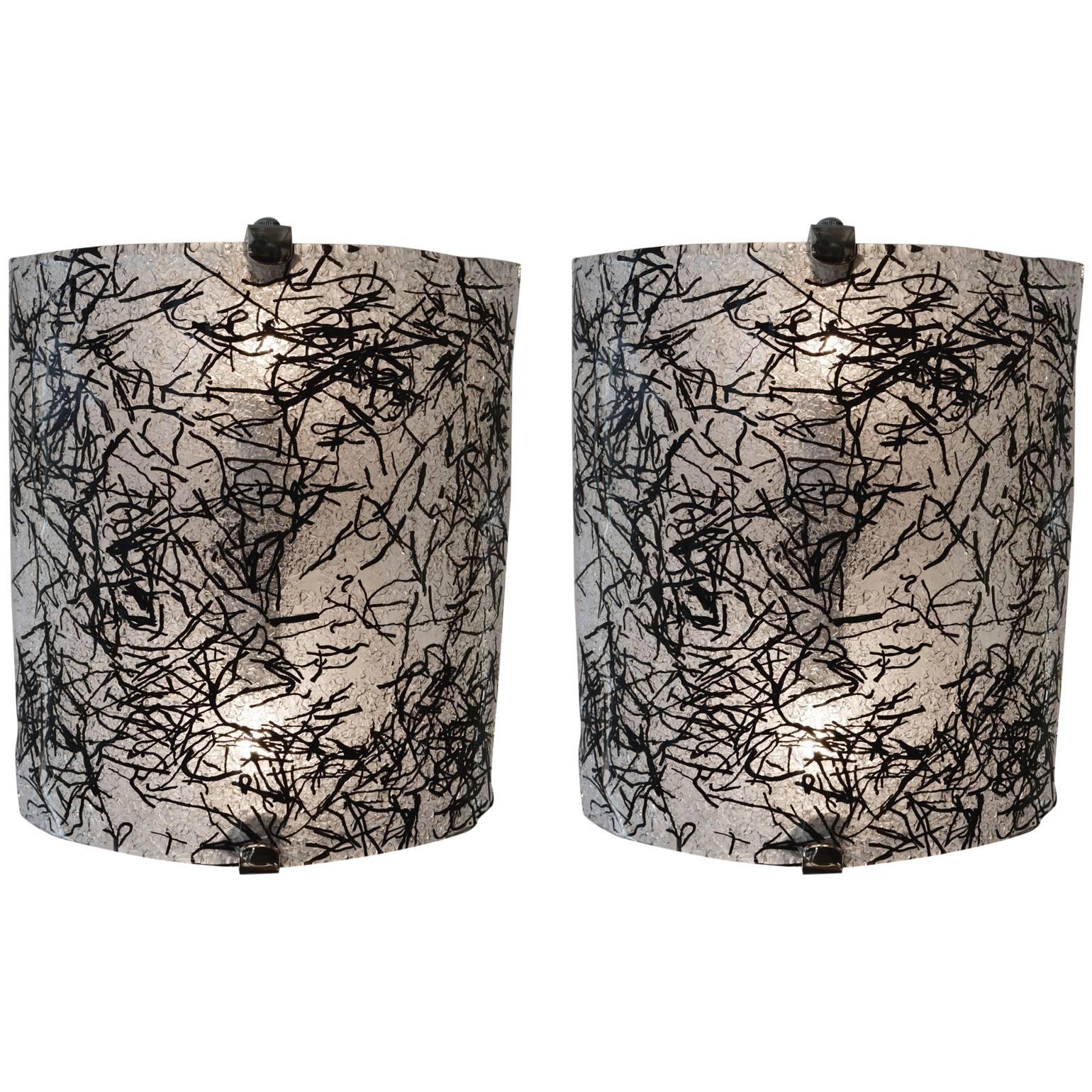 Pair of Wall Sconces by De Majo, Murano in Black and Clear Glass 