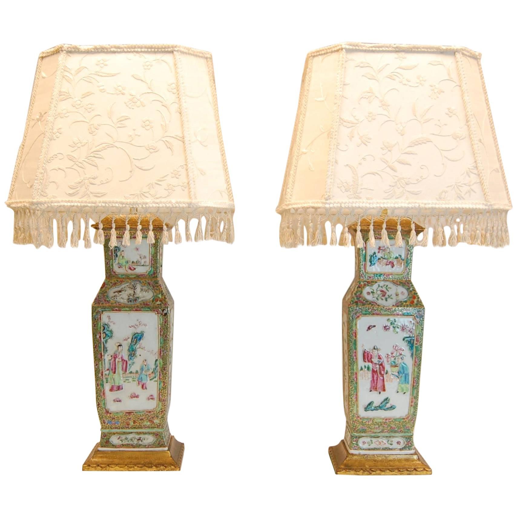 Pair of 19th Century Chinese Urn Lamps with Custom Silk Shades