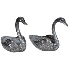 Pair of Large Antique American Sterling Silver and Cut-Glass Swans