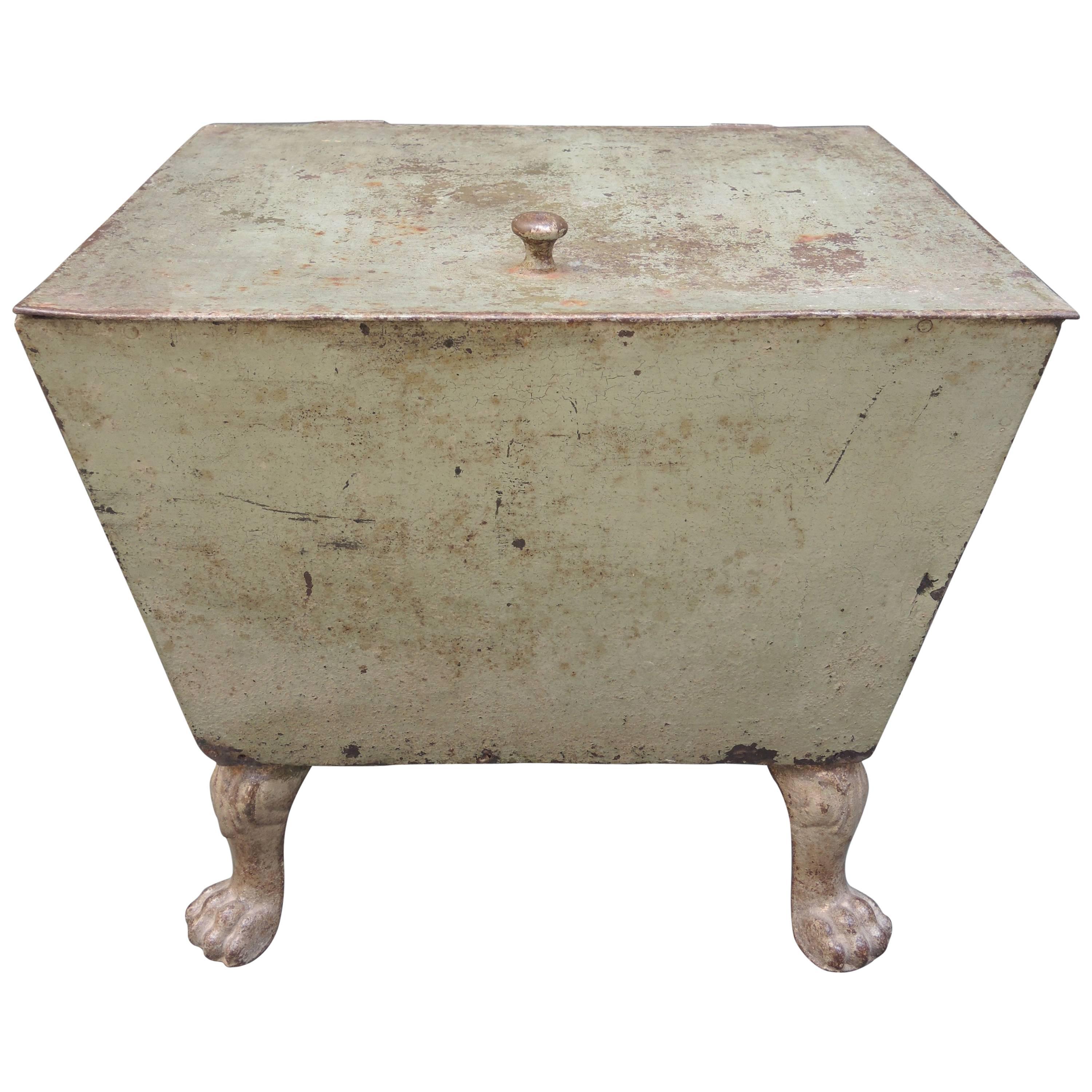 19th Century French Iron Box with Lion Paw Feet and the Original Green Paint
