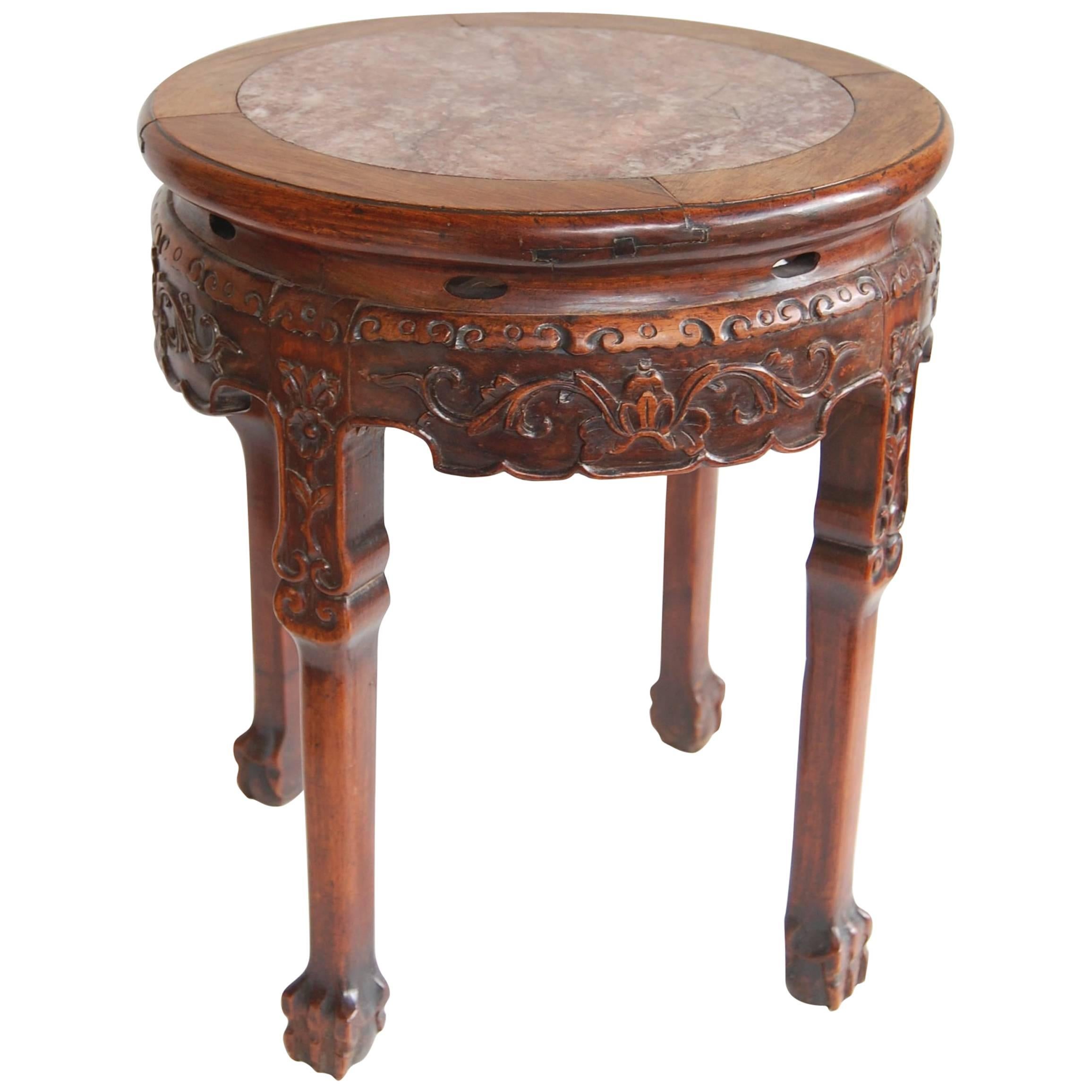 19th Century Circular Chinese Carved Rosewood Table with Marble Top For Sale