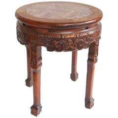 19th Century Circular Chinese Carved Rosewood Table with Marble Top