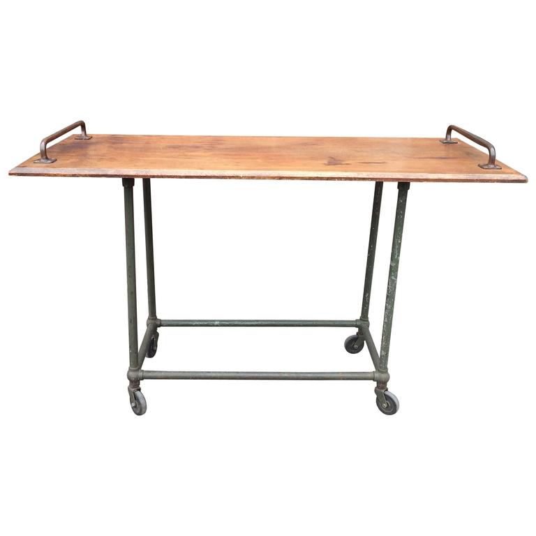 Custom Oak and Steel Industrial Rolling Console Work Table at 1stDibs