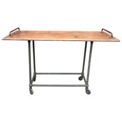 Custom Oak and Steel Industrial Rolling Console Work Table