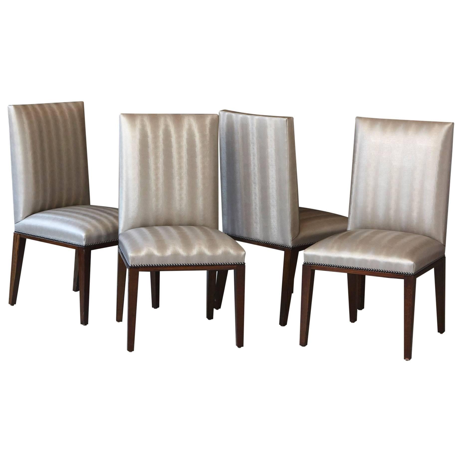 Set of Four Custom Made Dining Chairs in Silver Faux Leather