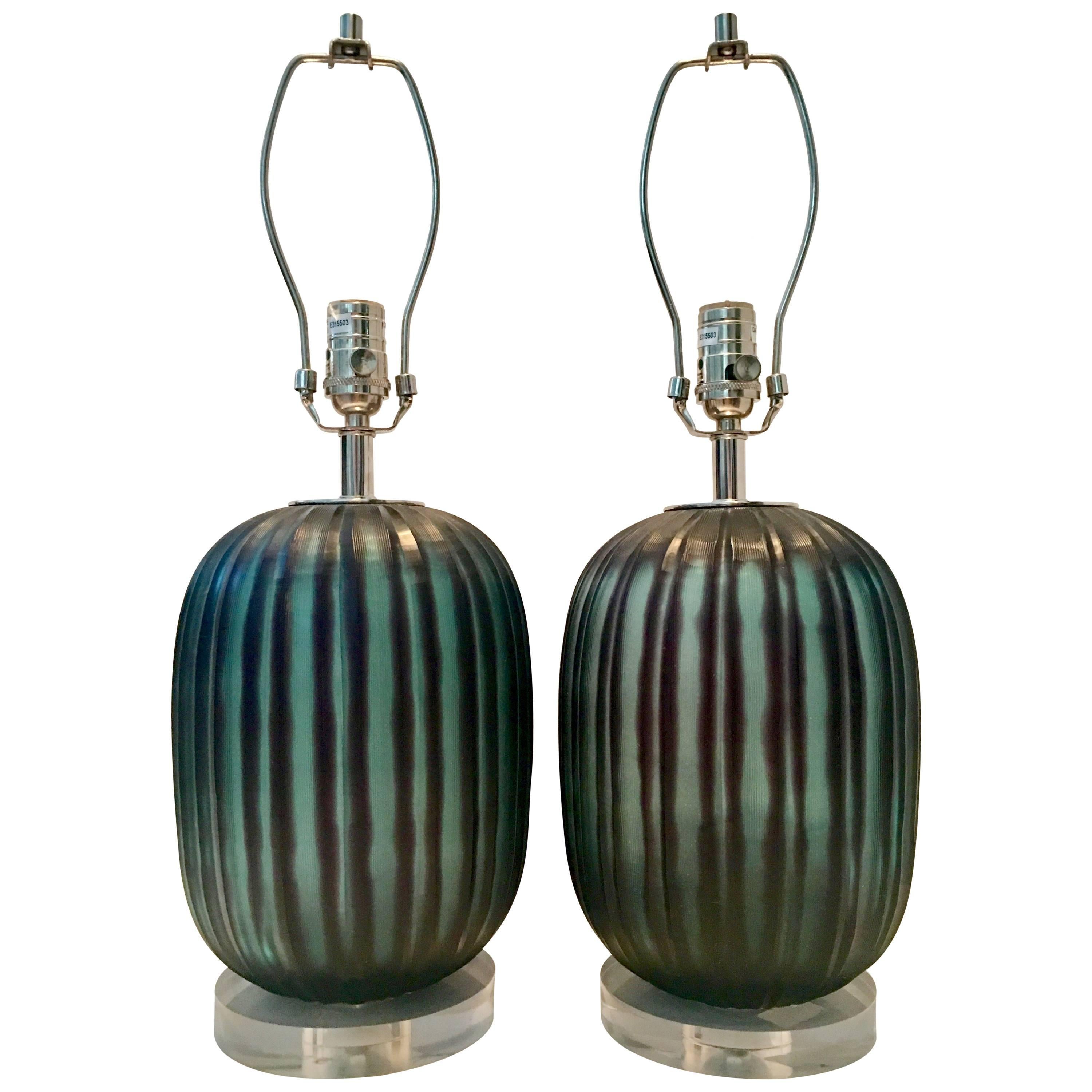 Contemporary Pair Fluted Blown Glass & Lucite Lamps