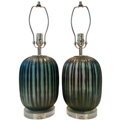 Contemporary Fluted Blown Glass Black and Green Lamps, Pair 7