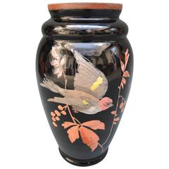 French Art Deco Black Opaline Glass Vase with Hand-Painted Bird Design 7