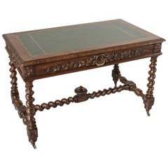 19th Century French Louis XIII Style Hand-Carved Oak Writing Desk Leather Top