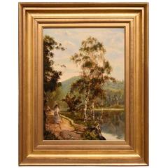 Antique "The Path by Loch Katrine" Painting by Theodore Hines