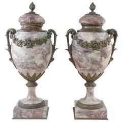 French 19th Century Pair of Marble Urns with Bronze Ormolu Handles and Garland