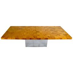 Milo Baughman Parquet Burled Wood Dining Table with Chrome Pedestal Base