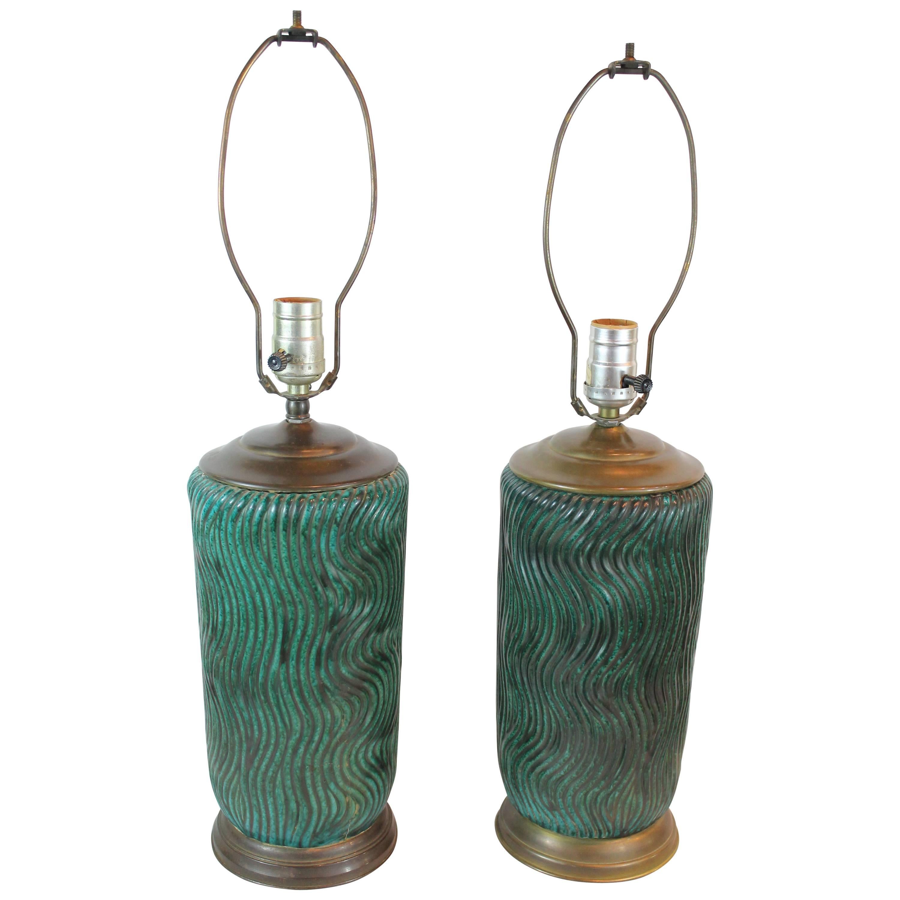 Pair of 1940s Ceramic Wave Design Lamps
