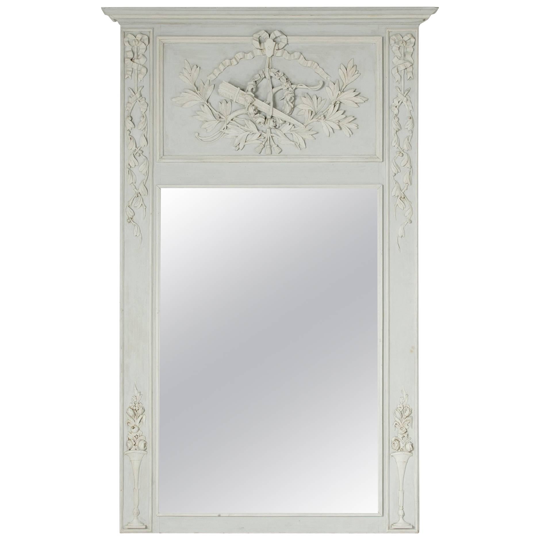 Grand 19th Century Carved and Painted Louis XVI Style Trumeau or Mantel Mirror