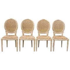 Vintage Faux Bois Carved Dining Chairs Caned Backs Rush Seats