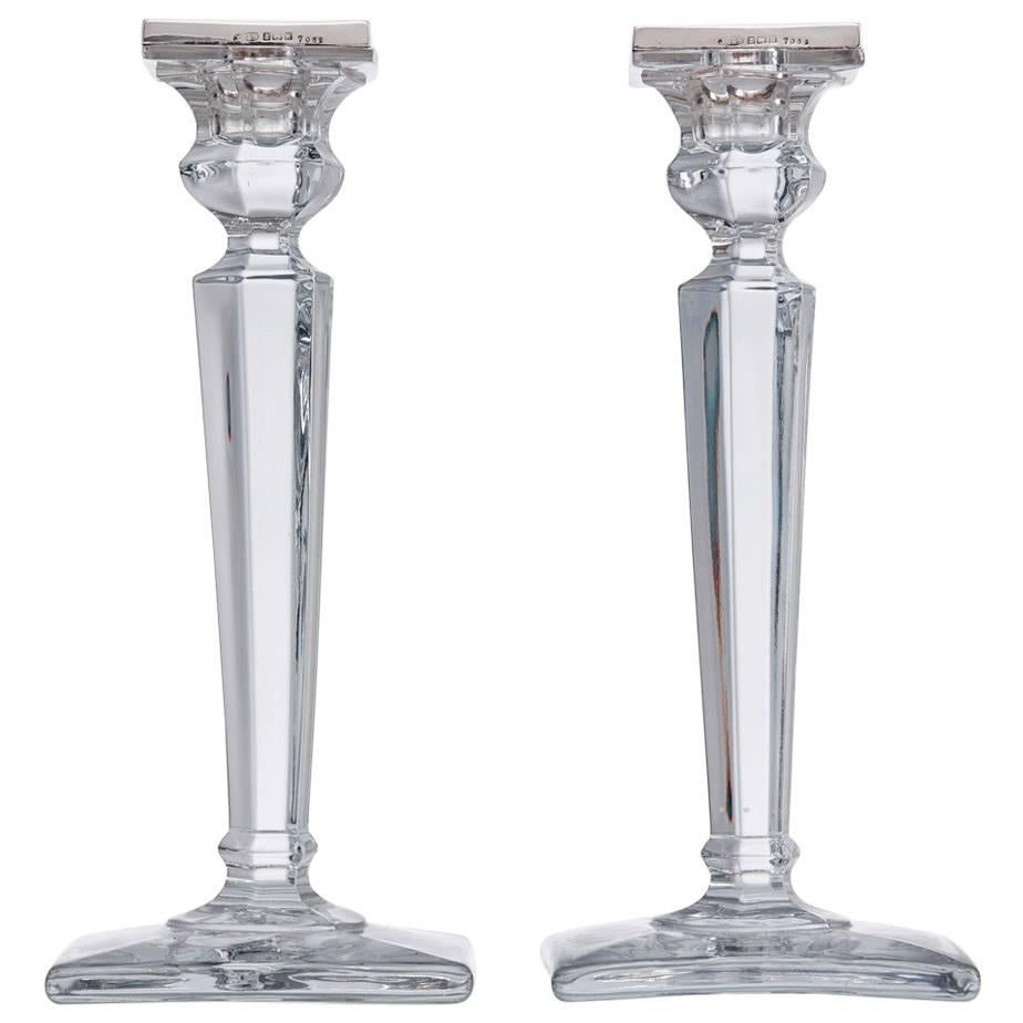 Pair of Art Deco Silver and Glass Candlesticks, Birmingham 1921