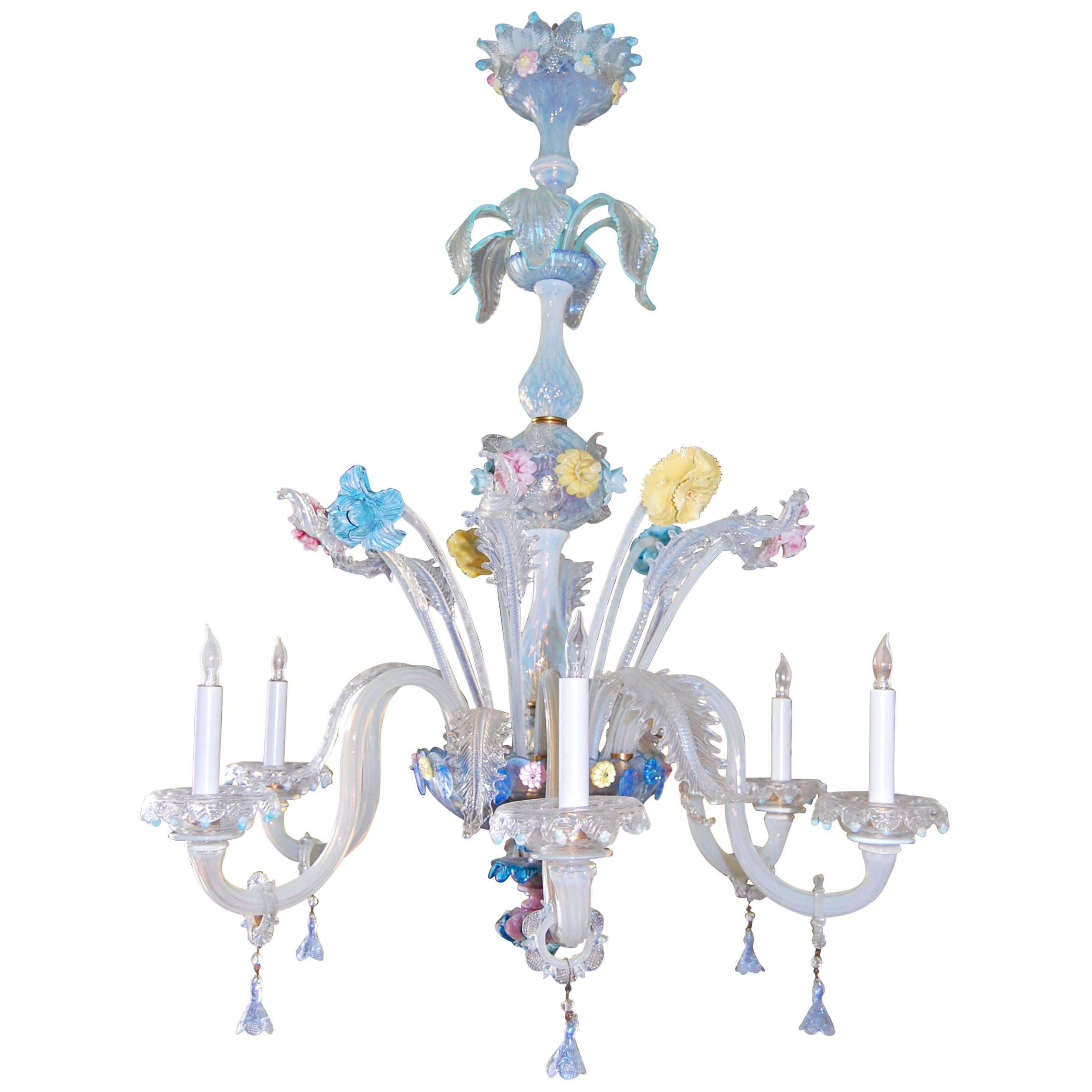 Early 20th Century Italian Venetian Six-Light Chandelier with Floral Sprays For Sale